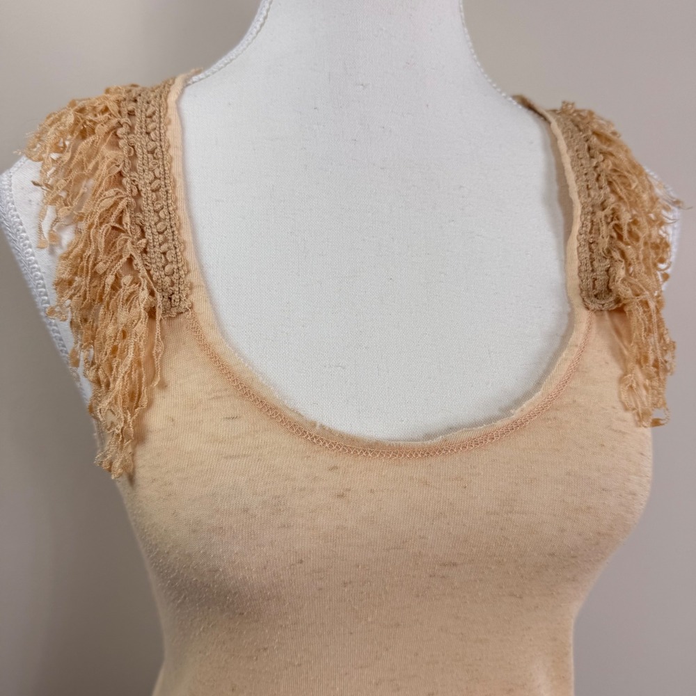 VTG. Free People Cream Slub Knit Racerback Tank Top Fringe Crochet Trim XS - Picture 4 of 9